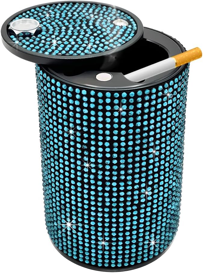 SHMZK Car Cigarette Ashtray with Lid, Stainless Steel Bling Crystal Diamond Smokeless Fireproof Vehicle Ashtray Holder, Portable Sparkling Ashtray Cup Holder for Car Home Office (Blue) - Image 1